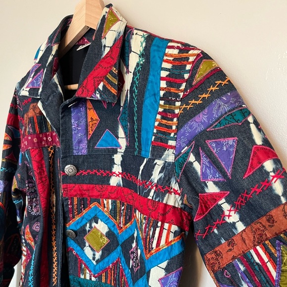 Chicos Design Vintage Embroidered Artsy Silk Patchwork Denim Jacket - Picture 8 of 11